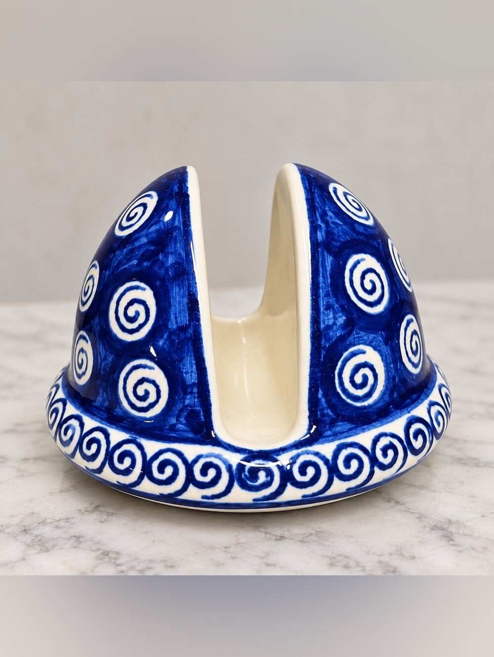 Polish Boleslawiec Pottery Cobalt Blue Spherical Napkin Letter Holder Hand Paint